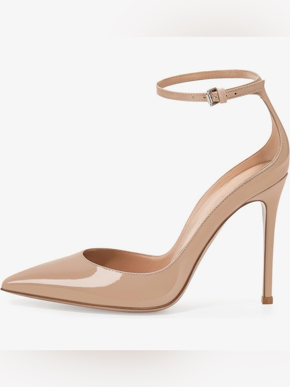 Patent Pointed-Toe Nude 100mm Pumps with Ankle Strap